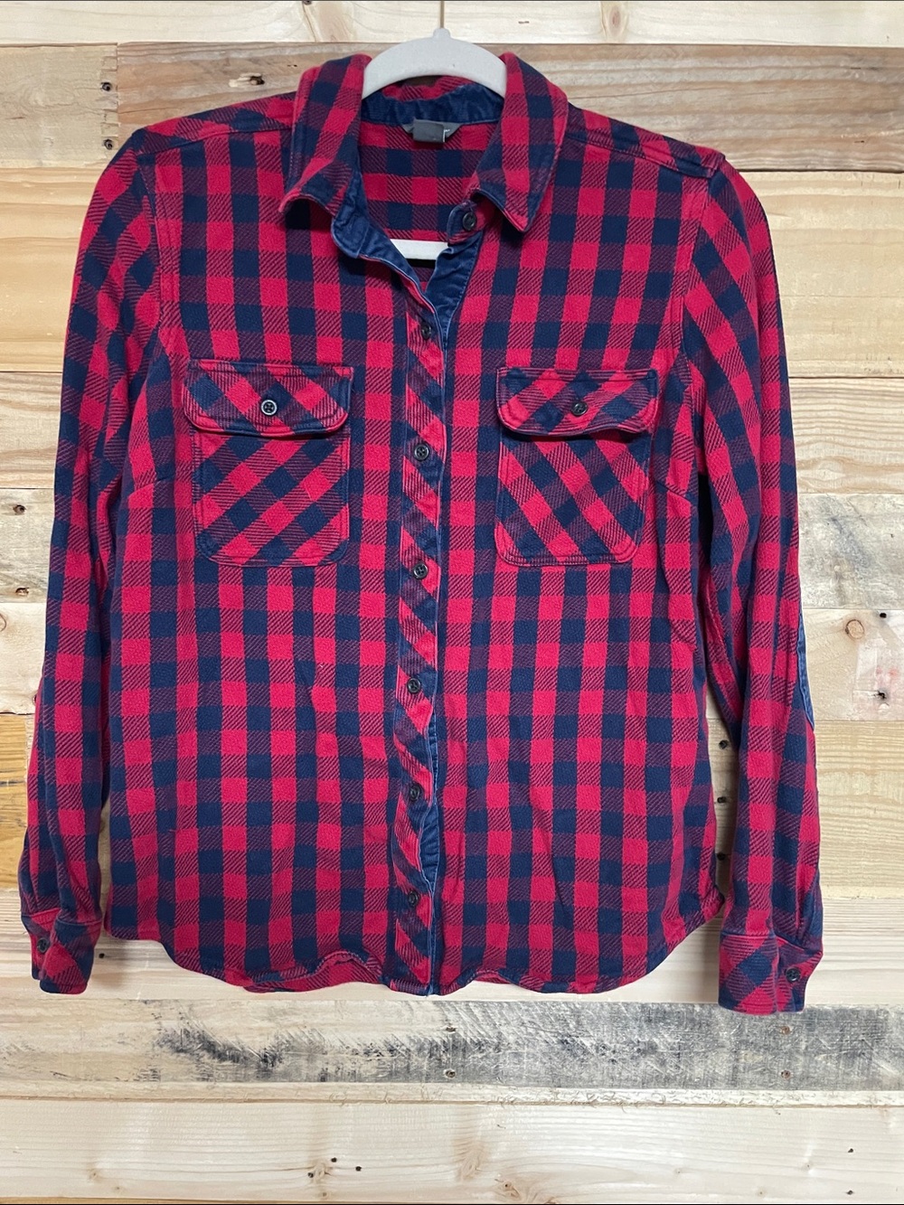 Eddie Bauer Red and Navy Plaid Button-Down Shirt- Medium